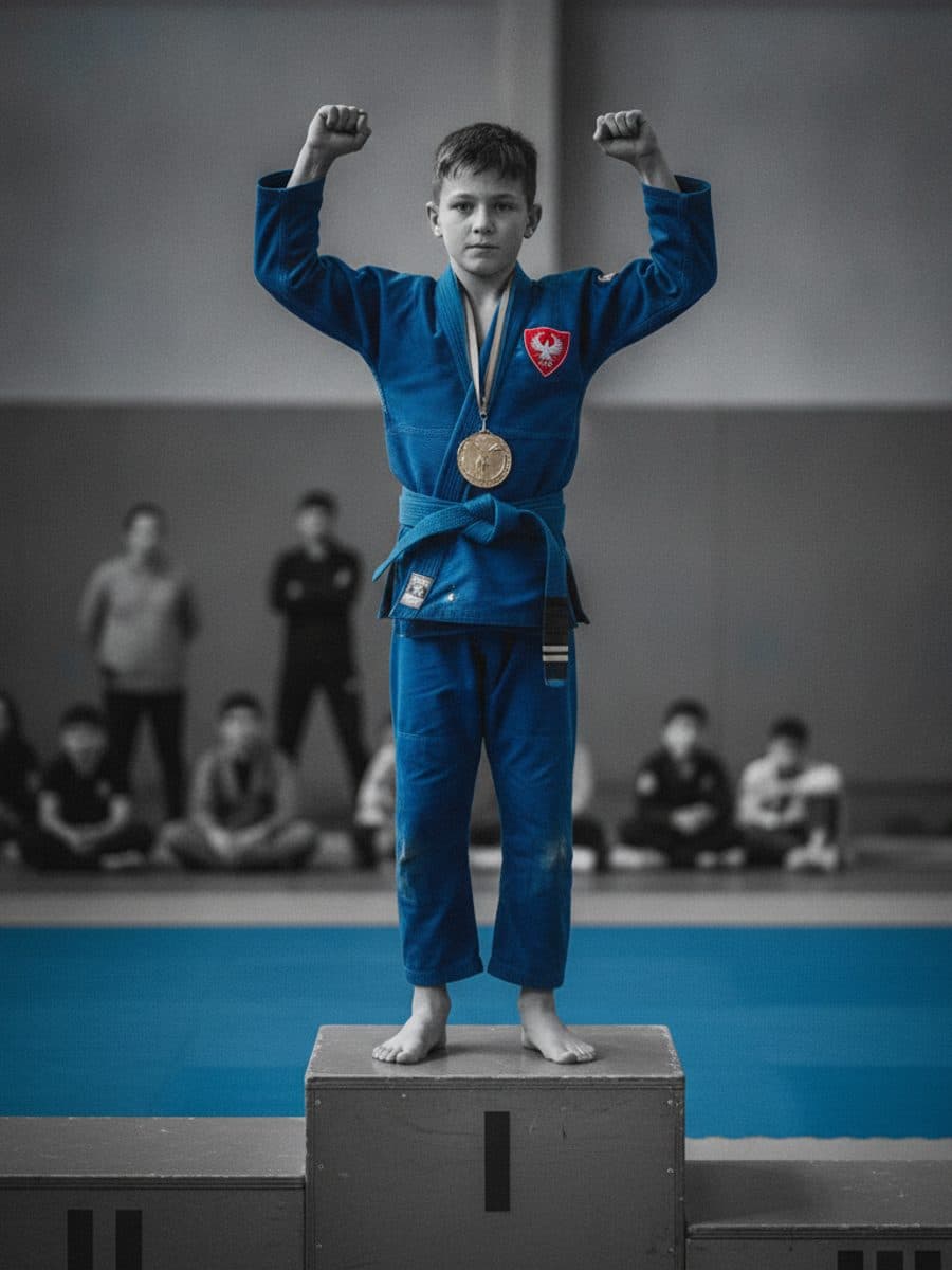 Atleta comemorando no pódio