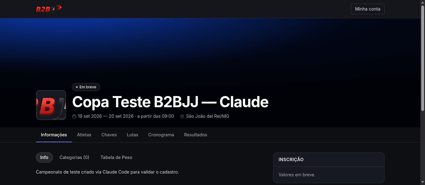 Página pública de um campeonato no b2bjj
